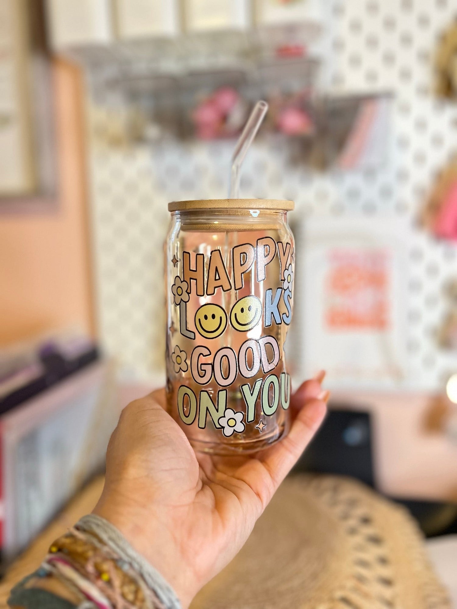 "Happy Looks Good On You" Glass Can Cup - Cotton Plus Cream