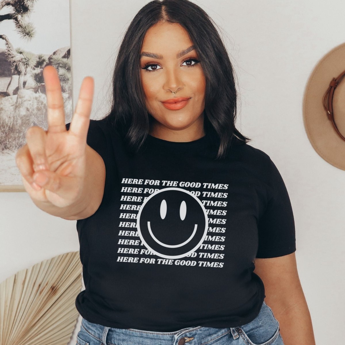 Here For The Good Times Smile Emoji T-shirt - Cotton Plus Cream