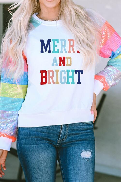 MERRY AND BRIGHT Sequin Long Sleeve Sweatshirt - Cotton Plus Cream