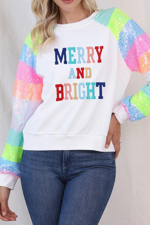 MERRY AND BRIGHT Sequin Long Sleeve Sweatshirt - Cotton Plus Cream