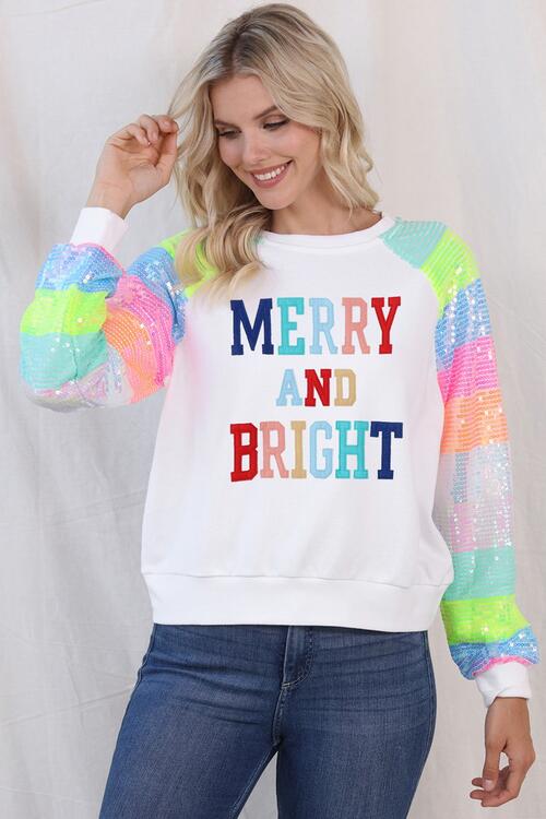 MERRY AND BRIGHT Sequin Long Sleeve Sweatshirt - Cotton Plus Cream