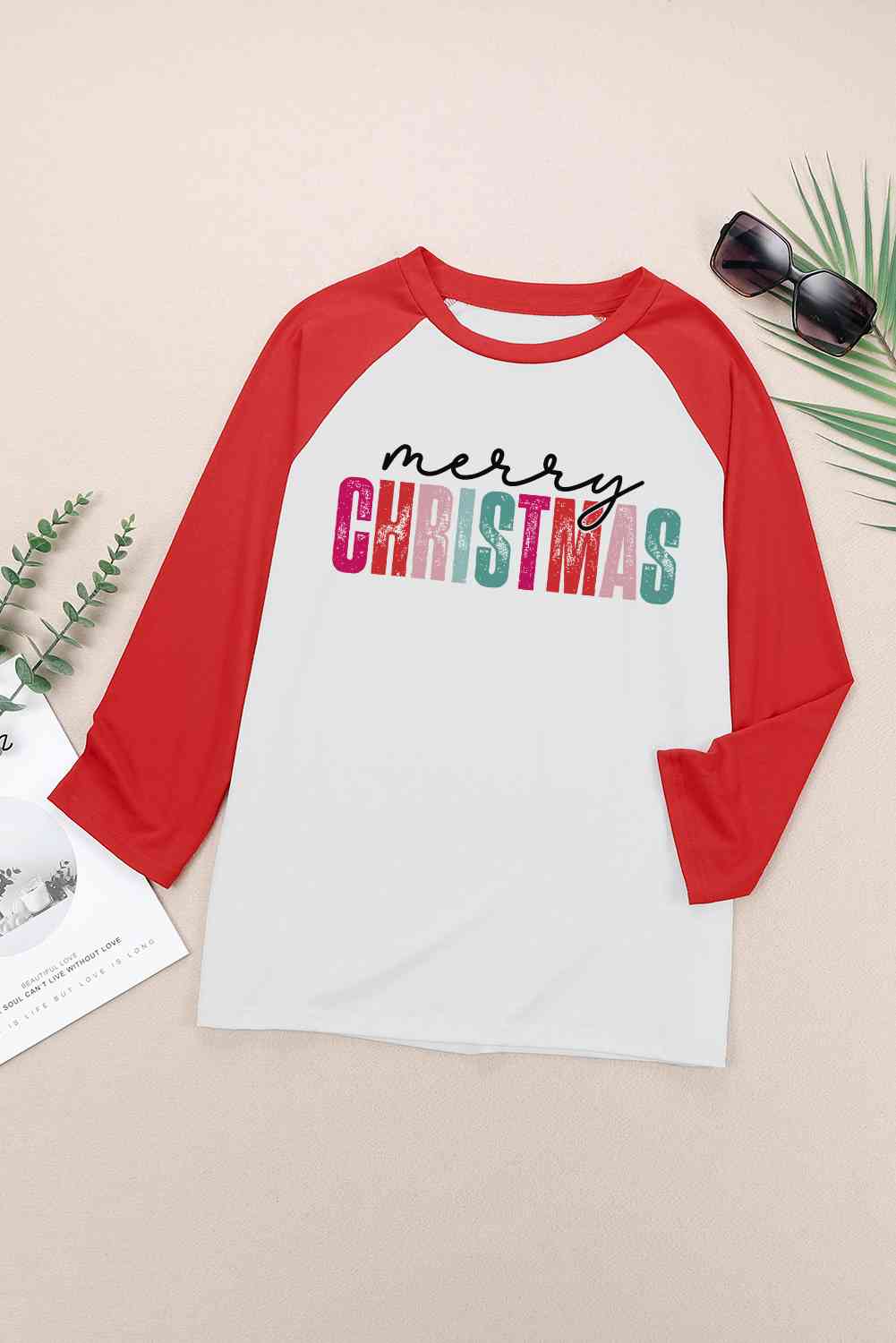 MERRY CHRISTMAS Graphic Raglan Sleeve T-Shirt - Cotton Plus Cream