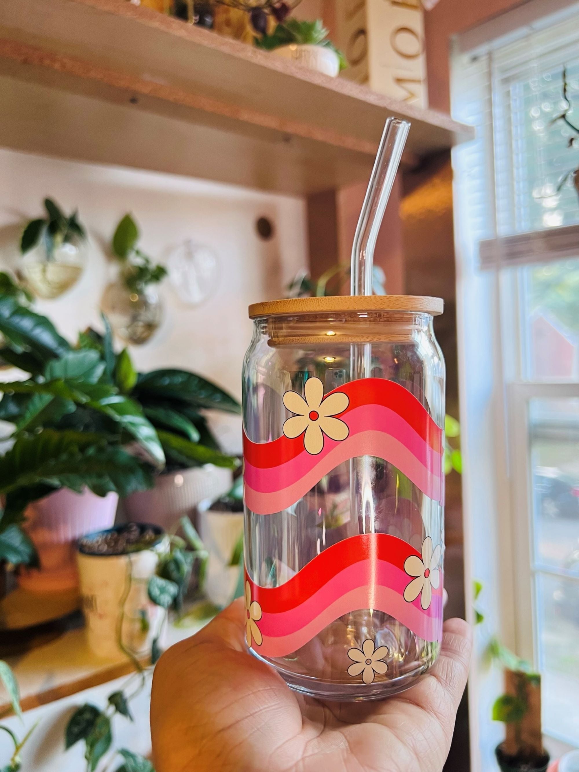 "Retro Waves and Daisy" Glass Can Cup - Cotton Plus Cream