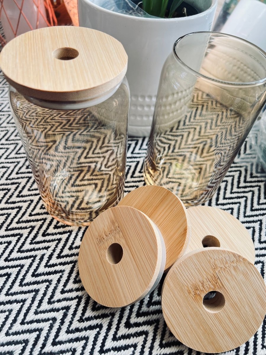 Reusable Bamboo Mason Jar & Beer Can Glass Lid with Straw Hole - 70mm