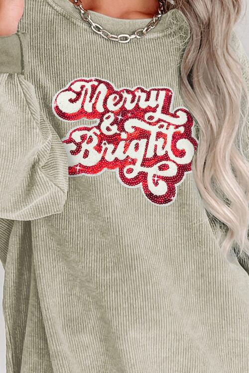 Round Neck Sequin Letter Spelling Graphic Long Sleeve Sweatshirt - Cotton Plus Cream
