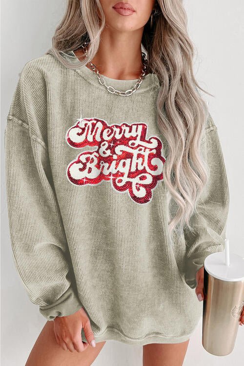 Round Neck Sequin Letter Spelling Graphic Long Sleeve Sweatshirt - Cotton Plus Cream