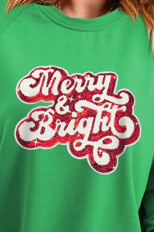 Sequin Letter Graphic Round Neck Long Sleeve Sweatshirt - Cotton Plus Cream