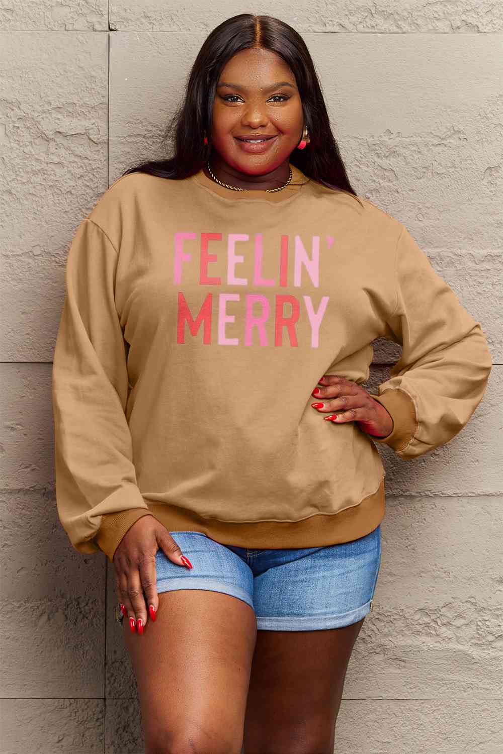 Simply Love Full Size Graphic Round Neck Sweatshirt - Cotton Plus Cream
