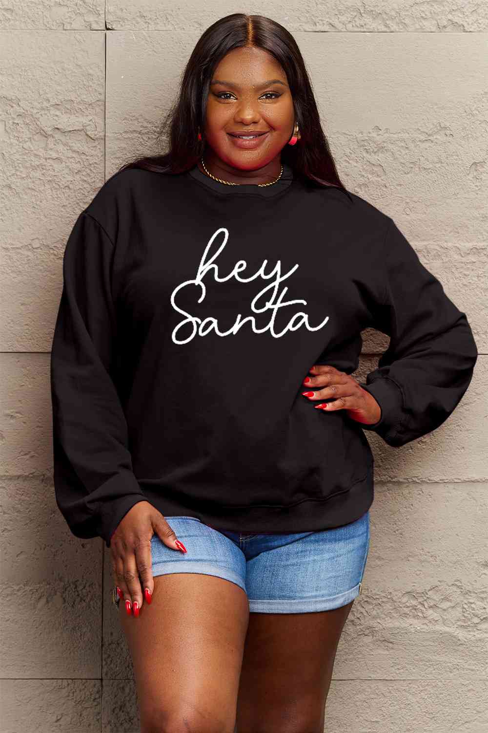 Simply Love Full Size HEY SANTA Graphic Sweatshirt - Cotton Plus Cream