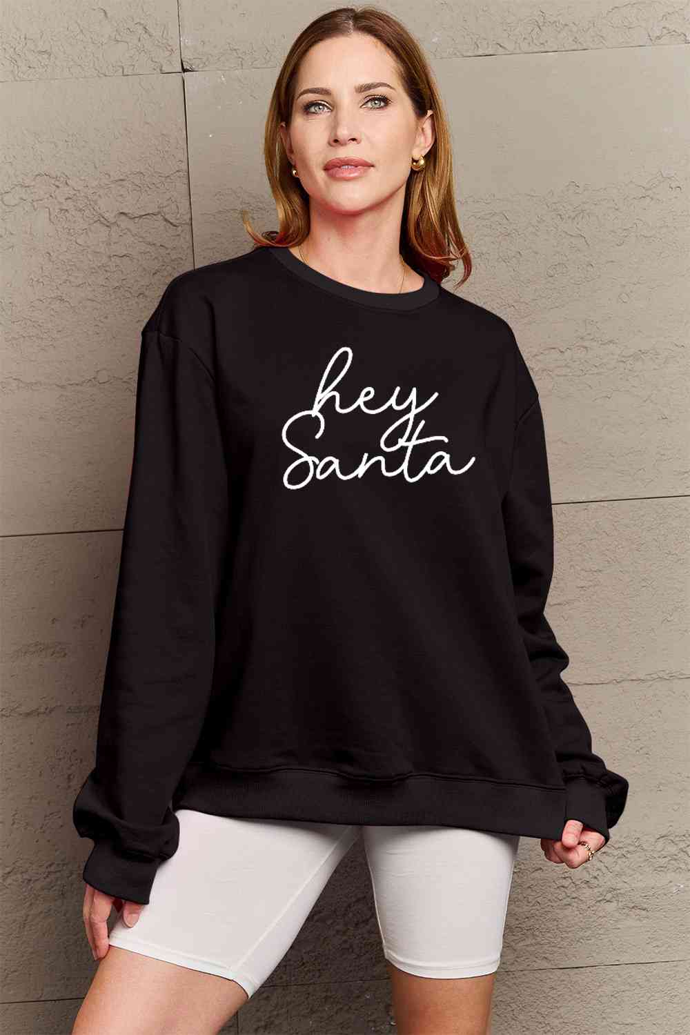 Simply Love Full Size HEY SANTA Graphic Sweatshirt - Cotton Plus Cream