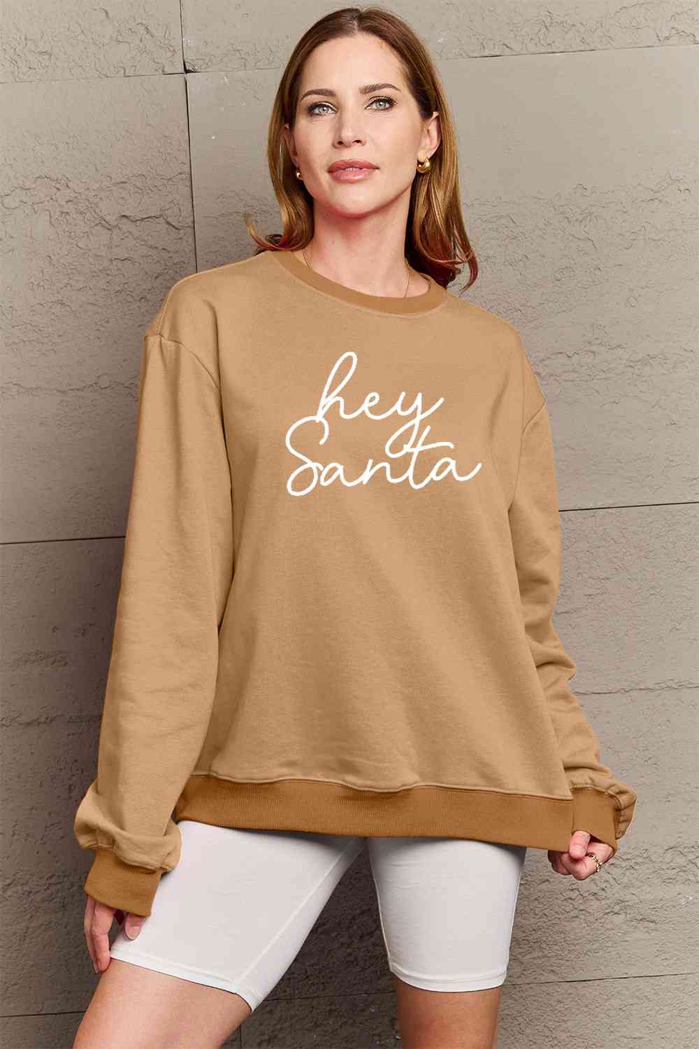 Simply Love Full Size HEY SANTA Graphic Sweatshirt - Cotton Plus Cream