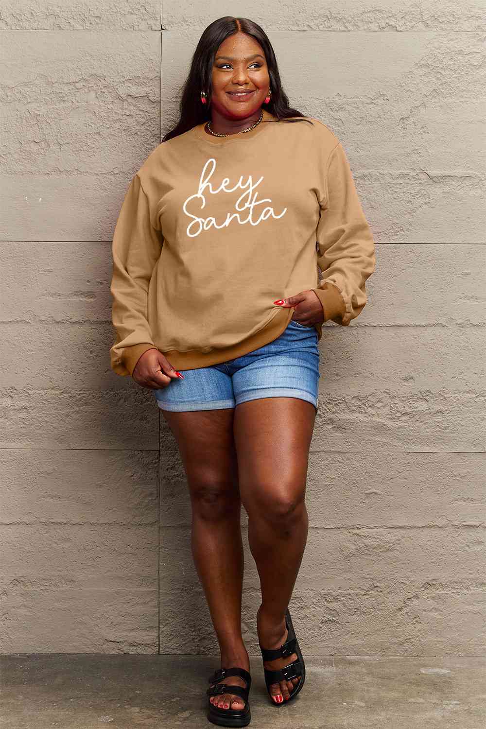 Simply Love Full Size HEY SANTA Graphic Sweatshirt - Cotton Plus Cream