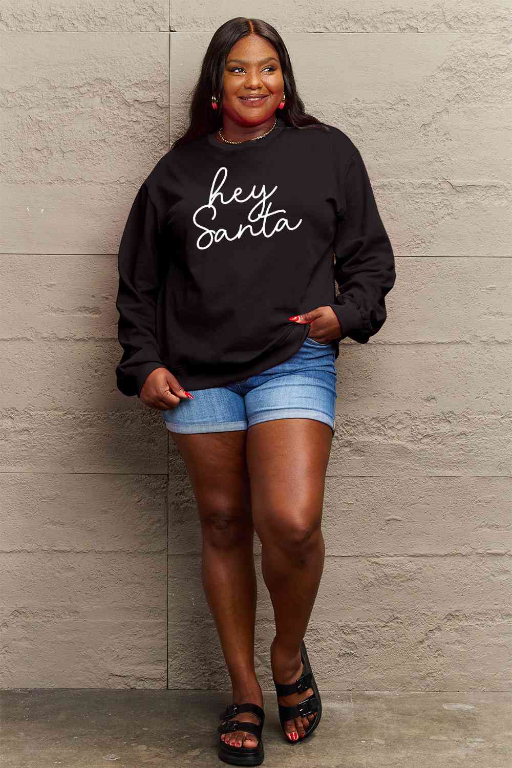 Simply Love Full Size HEY SANTA Graphic Sweatshirt - Cotton Plus Cream