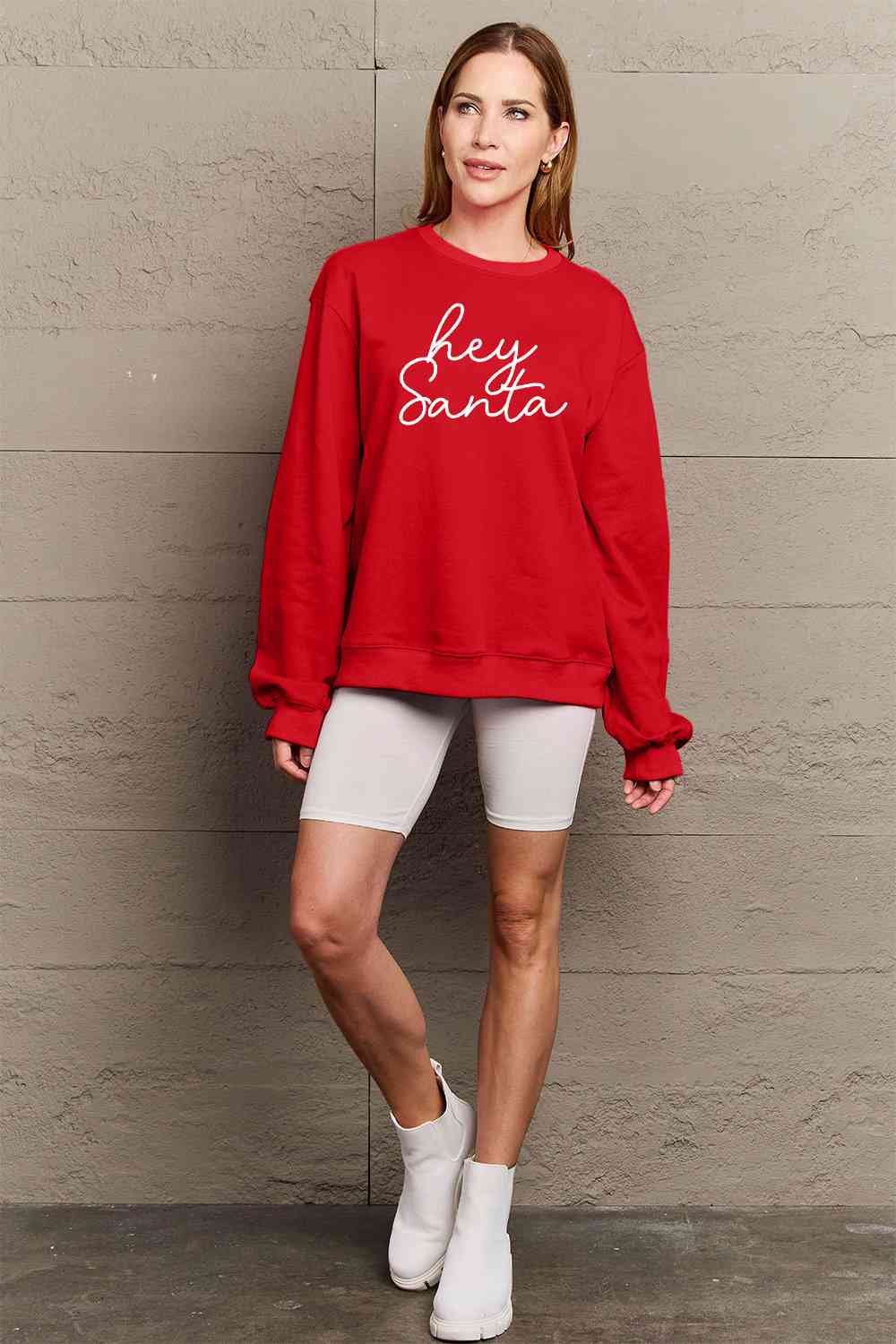 Simply Love Full Size HEY SANTA Graphic Sweatshirt - Cotton Plus Cream
