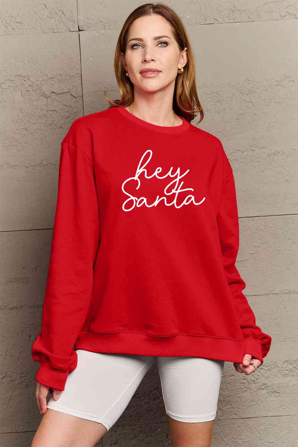 Simply Love Full Size HEY SANTA Graphic Sweatshirt - Cotton Plus Cream