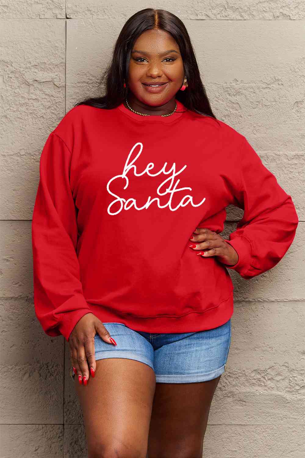 Simply Love Full Size HEY SANTA Graphic Sweatshirt - Cotton Plus Cream