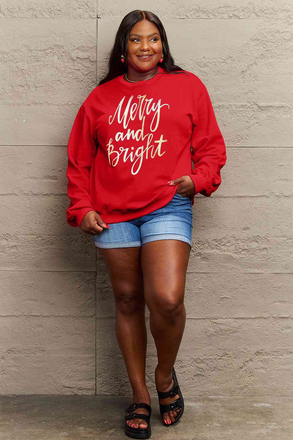 Simply Love Full Size MERRY AND BRIGHT Graphic Sweatshirt - Cotton Plus Cream