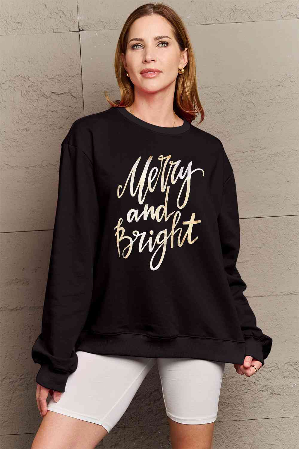 Simply Love Full Size MERRY AND BRIGHT Graphic Sweatshirt - Cotton Plus Cream