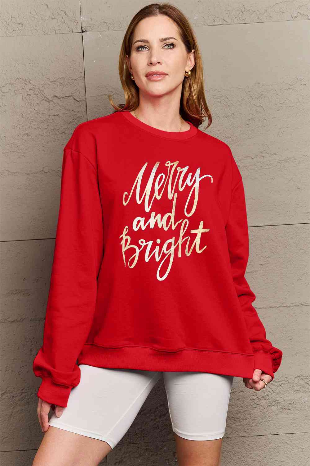 Simply Love Full Size MERRY AND BRIGHT Graphic Sweatshirt - Cotton Plus Cream