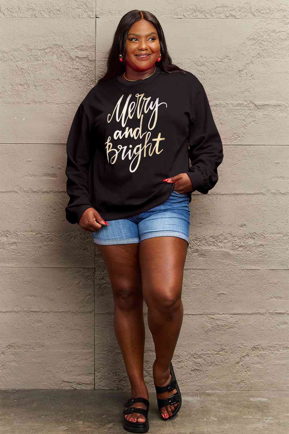 Simply Love Full Size MERRY AND BRIGHT Graphic Sweatshirt - Cotton Plus Cream