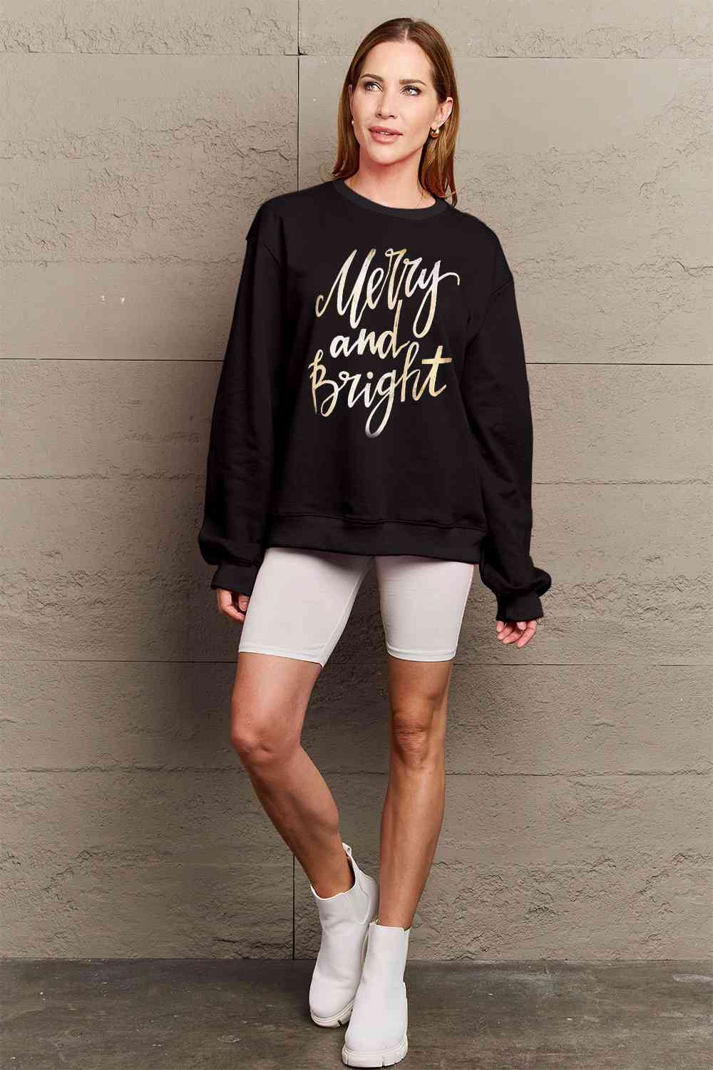 Simply Love Full Size MERRY AND BRIGHT Graphic Sweatshirt - Cotton Plus Cream
