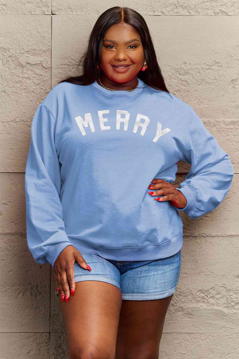 Simply Love Full Size MERRY Graphic Sweatshirt - Cotton Plus Cream