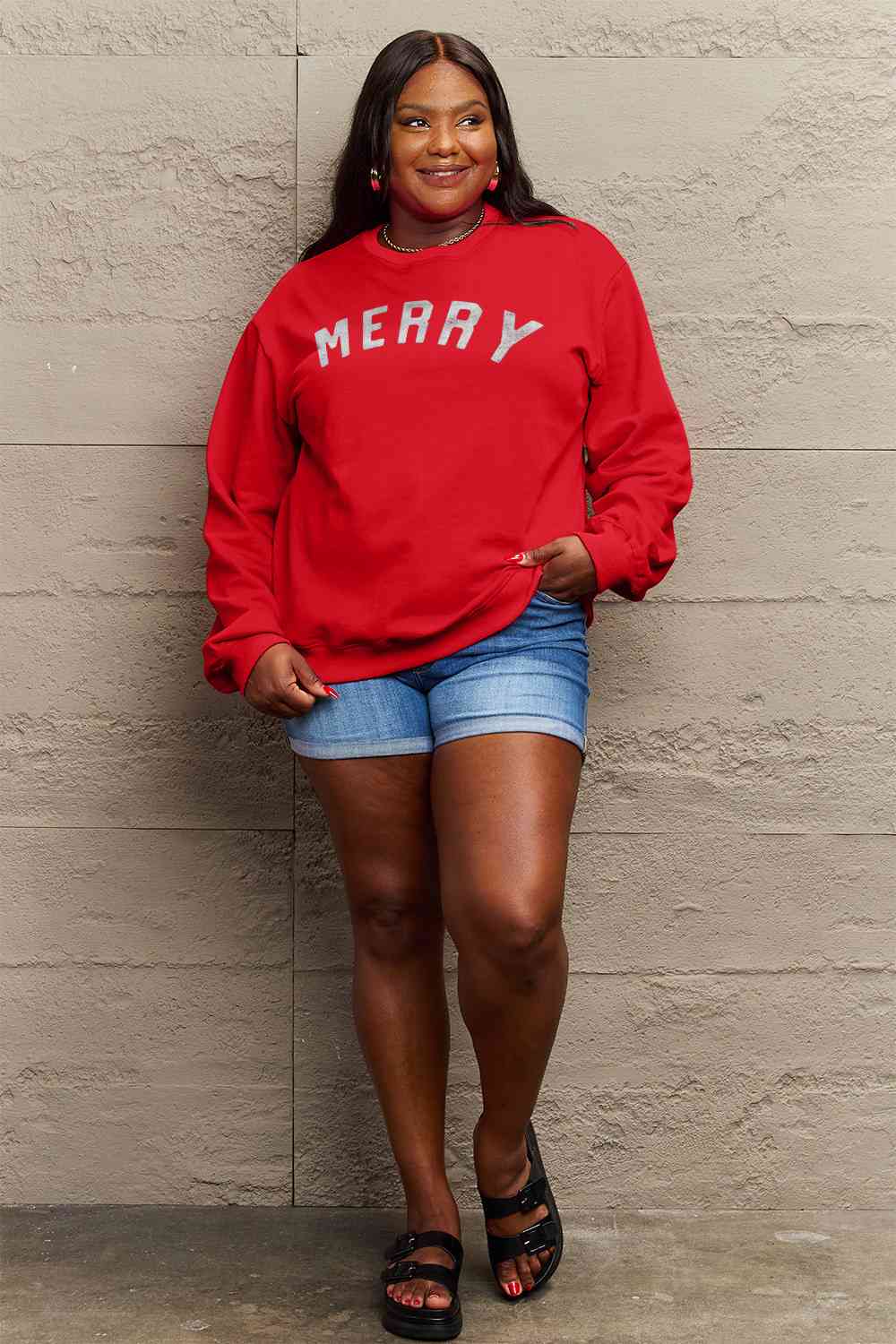 Simply Love Full Size MERRY Graphic Sweatshirt - Cotton Plus Cream