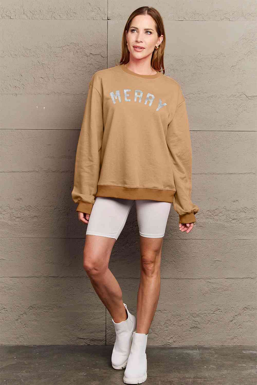 Simply Love Full Size MERRY Graphic Sweatshirt - Cotton Plus Cream