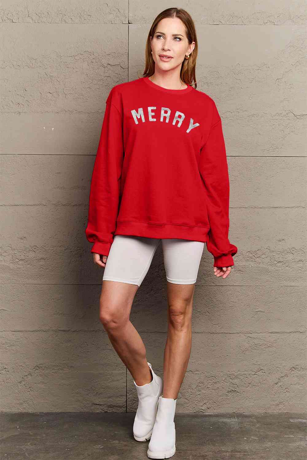 Simply Love Full Size MERRY Graphic Sweatshirt - Cotton Plus Cream