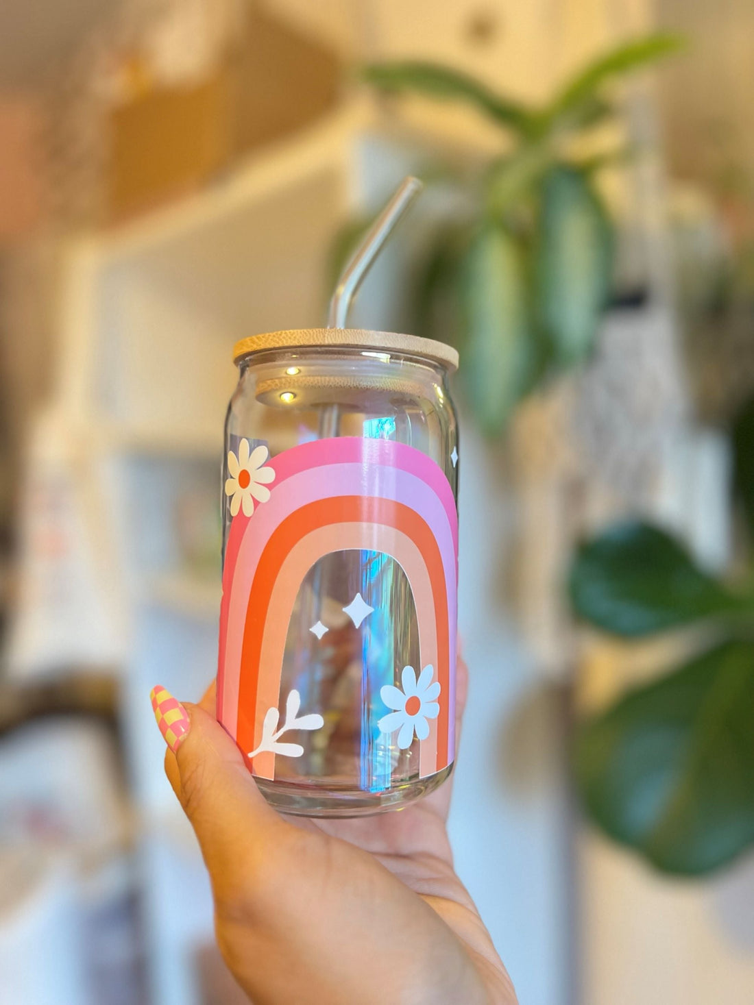 "Boho Rainbow Wave" Glass Can Cup - Cotton Plus Cream