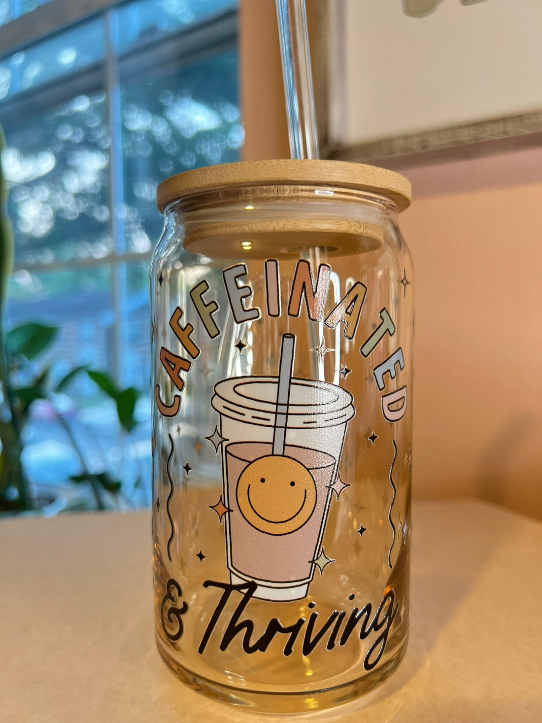 &quot;Caffeinated &amp; Thriving&quot; Glass Can Cup - Cotton Plus Cream