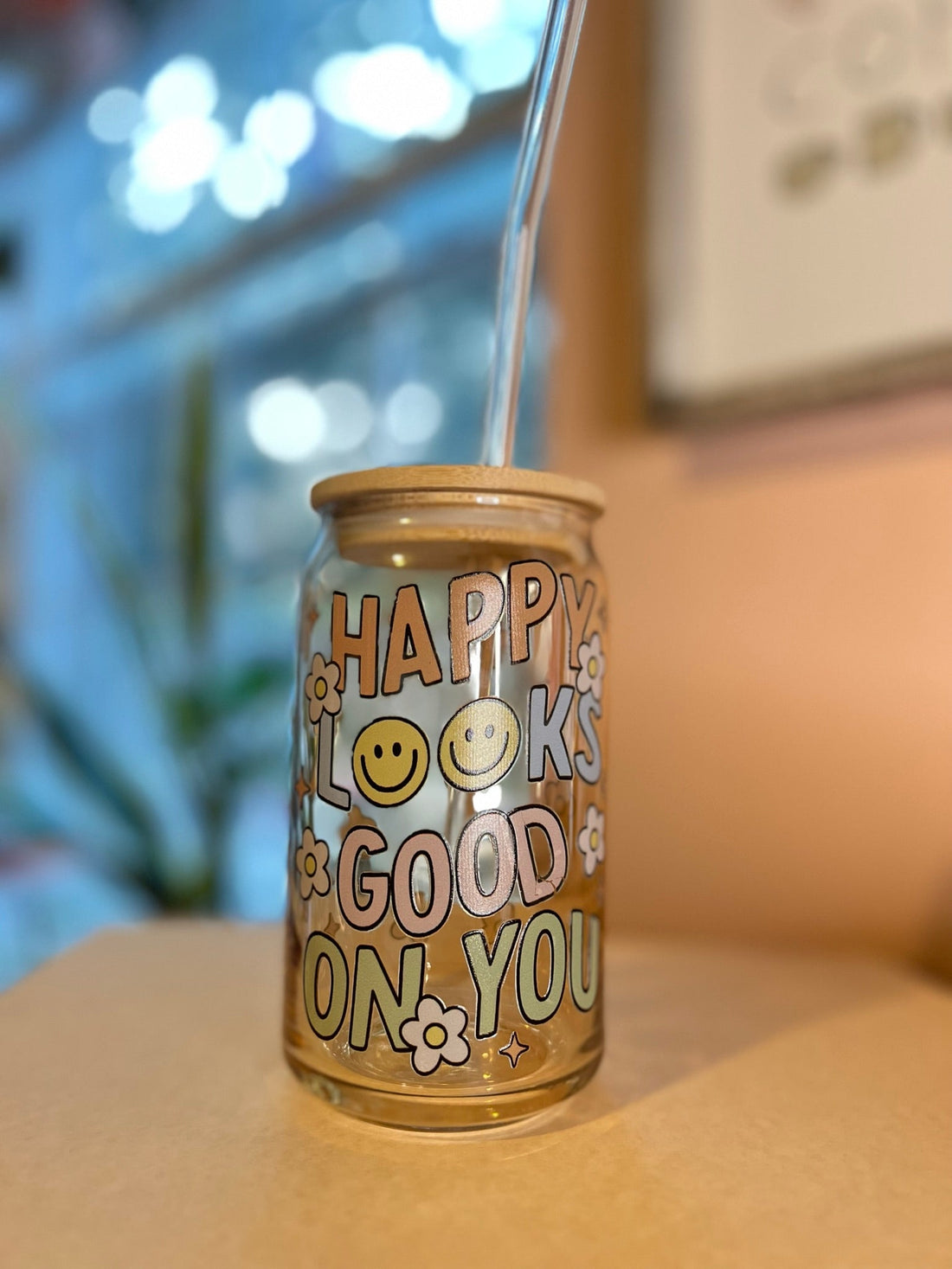 &quot;Happy Looks Good On You&quot; Glass Can Cup - Cotton Plus Cream