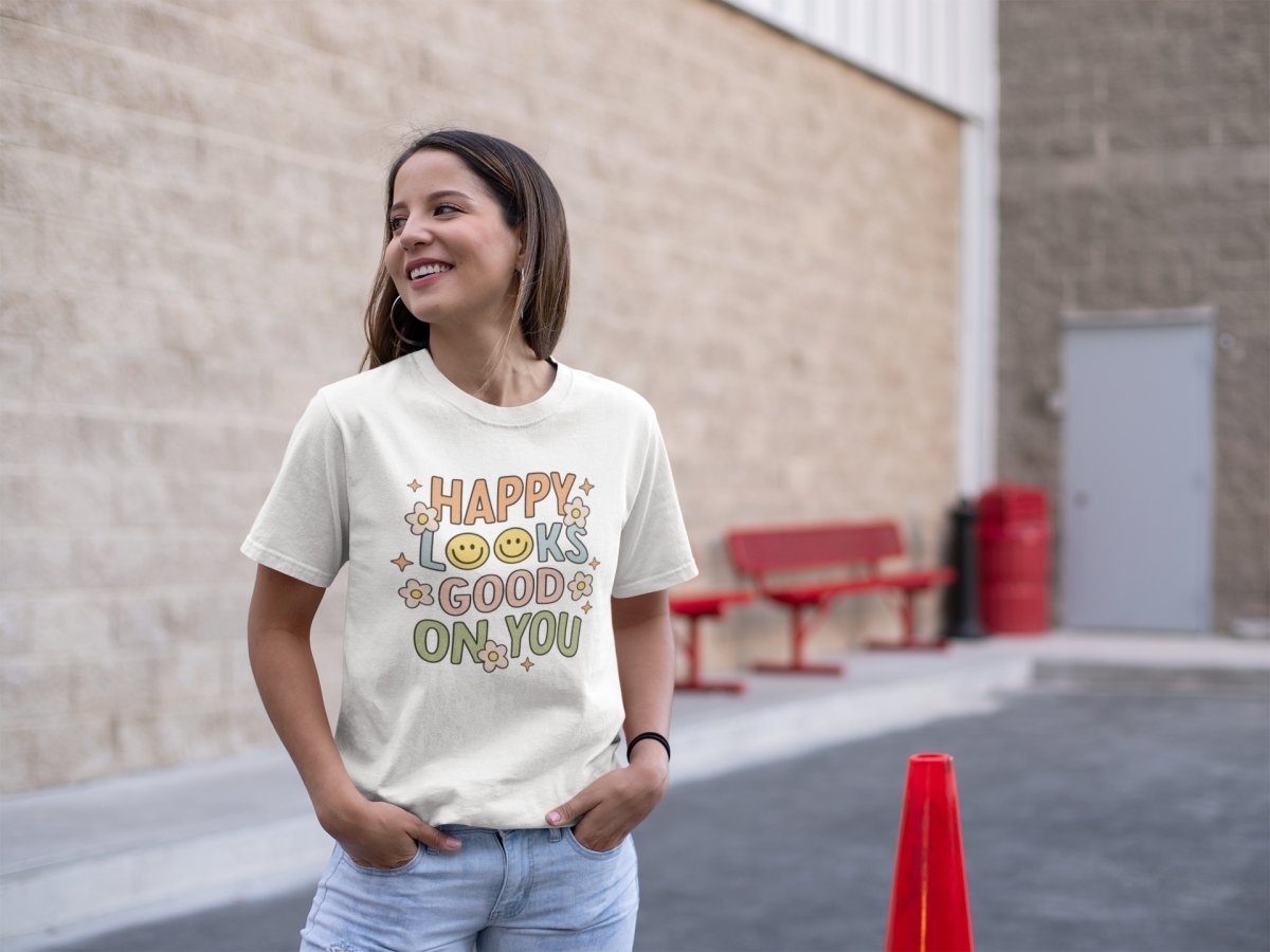 &quot;Happy Looks Good On You&quot; Unisex t-shirt - Cotton Plus Cream