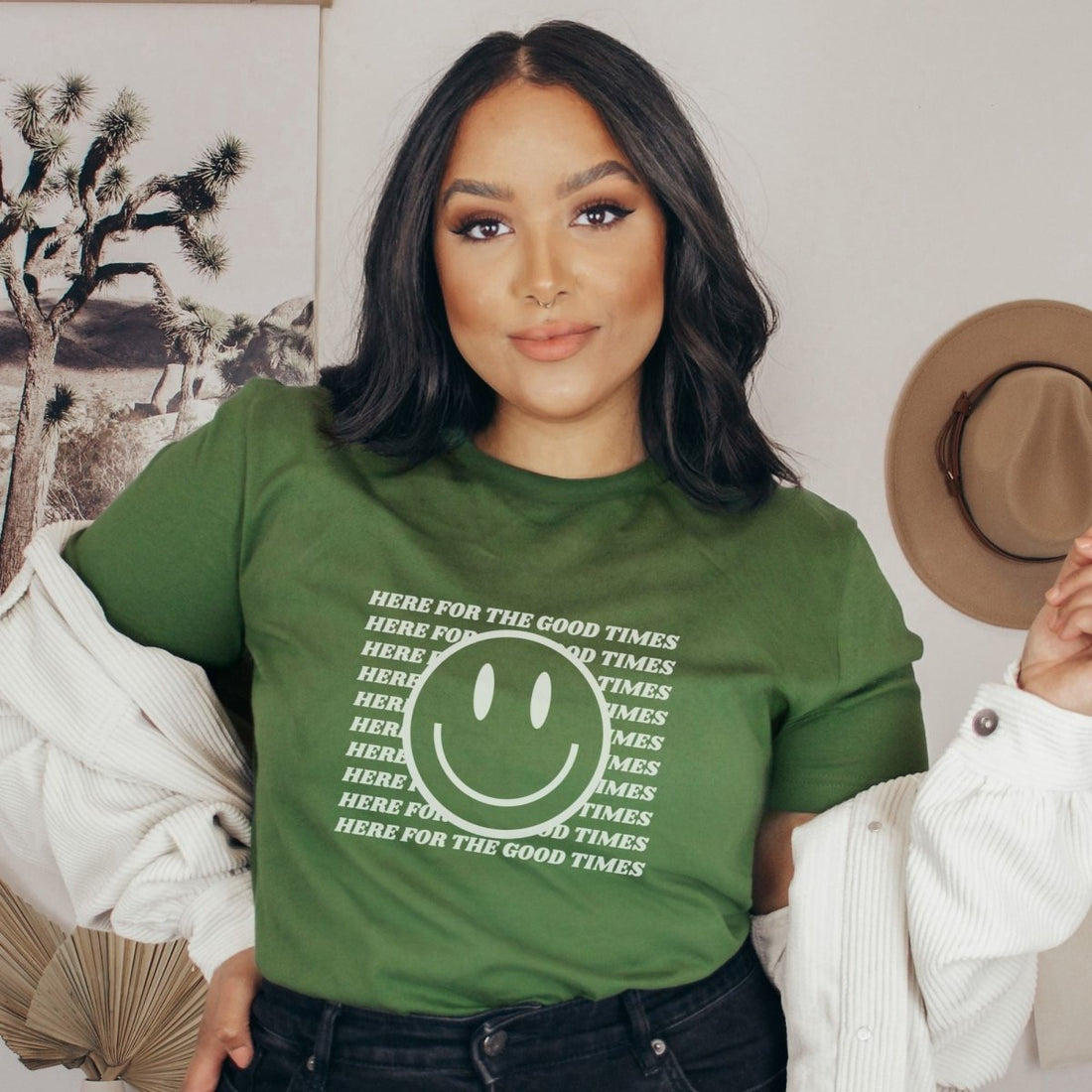 Here For The Good Times Smile Emoji T-shirt - Cotton Plus Cream