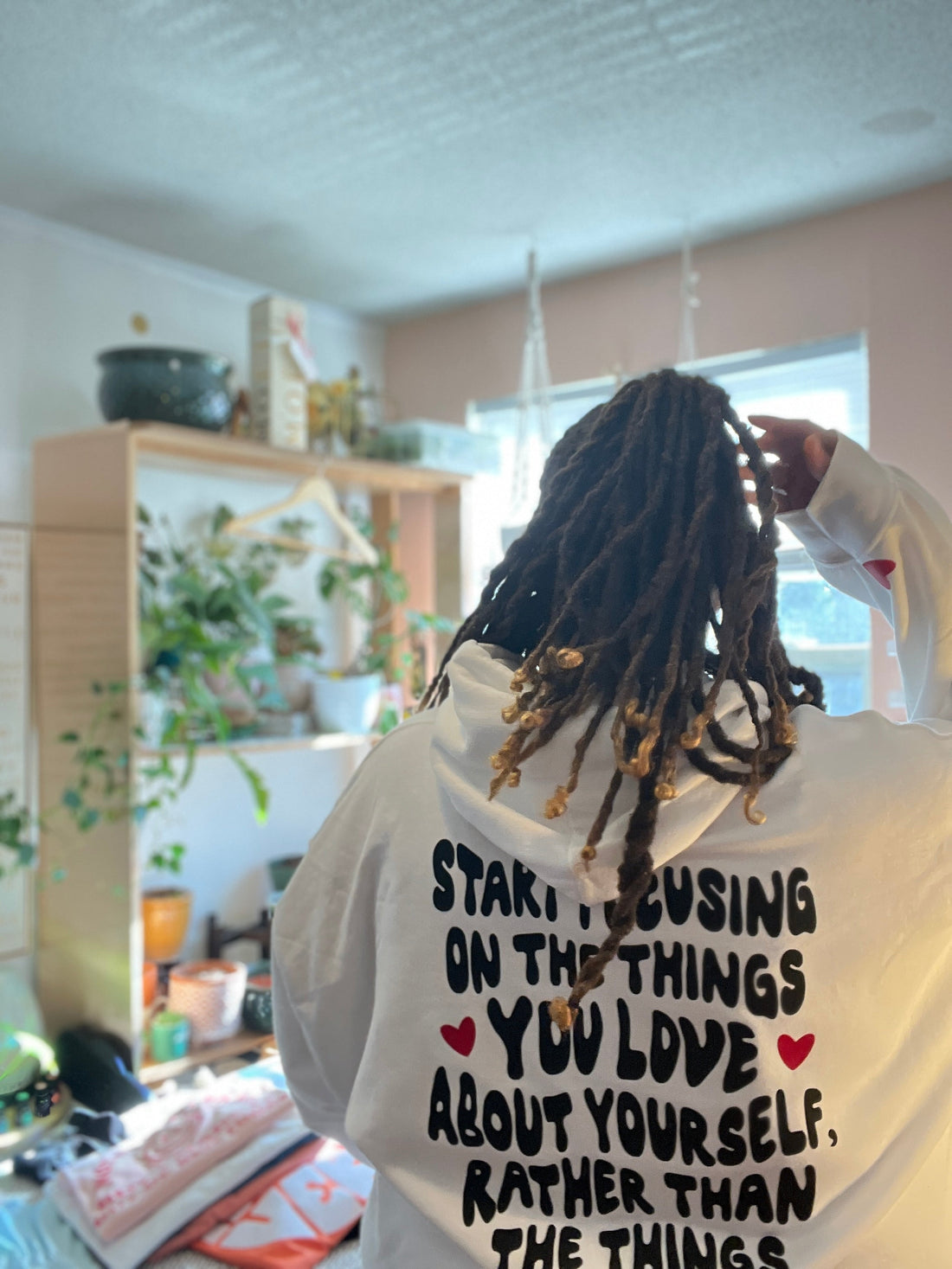 Limited Edition Start Focusing On The Things You Love About Yourself (heart on sleeve) Unisex Hoodie - Cotton Plus Cream