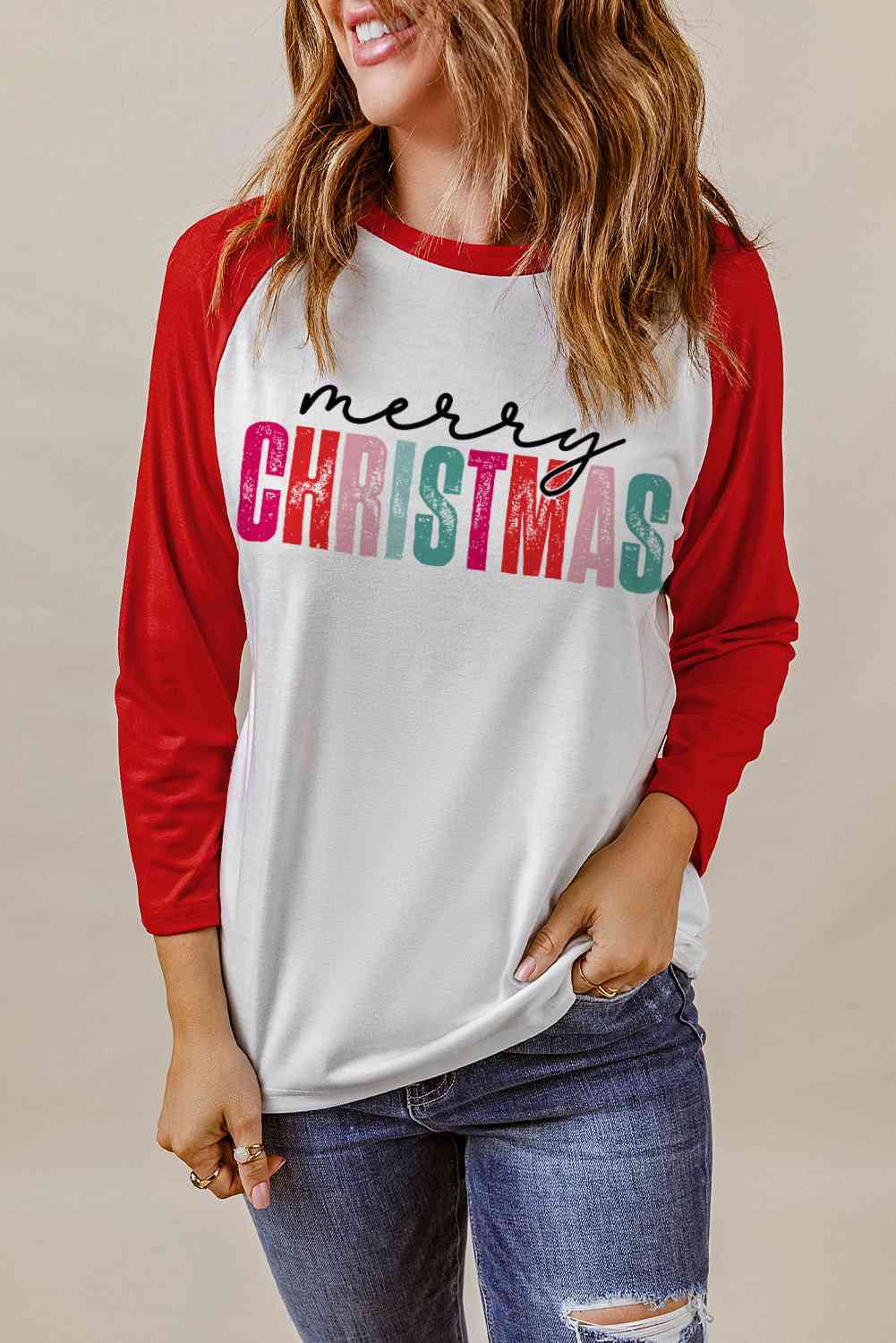 MERRY CHRISTMAS Graphic Raglan Sleeve T-Shirt - Cotton Plus Cream