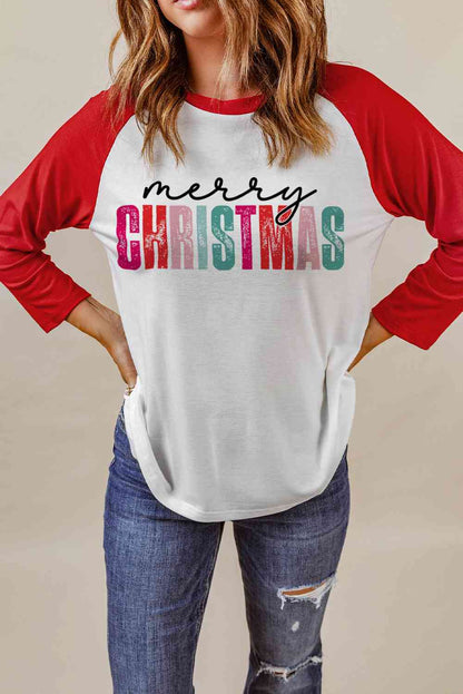 MERRY CHRISTMAS Graphic Raglan Sleeve T-Shirt - Cotton Plus Cream