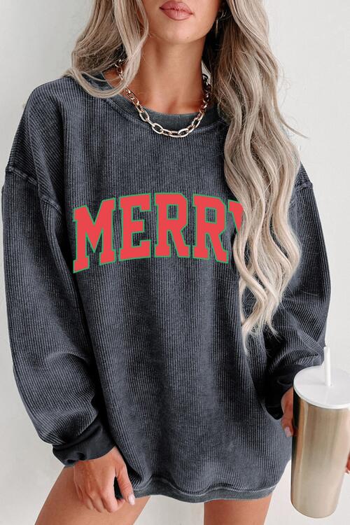 MERRY Ribbed Round Neck Long Sleeve Sweatshirt - Cotton Plus Cream