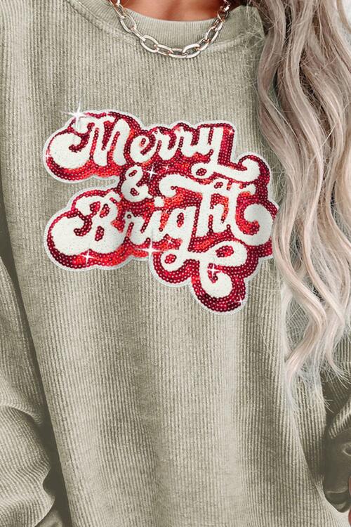 Round Neck Sequin Letter Spelling Graphic Long Sleeve Sweatshirt - Cotton Plus Cream