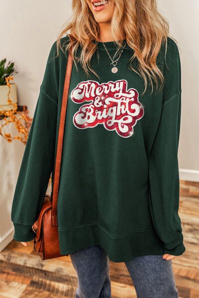 Sequin MERRY &amp; BRIGHT Long Sleeve Sweatshirt - Cotton Plus Cream