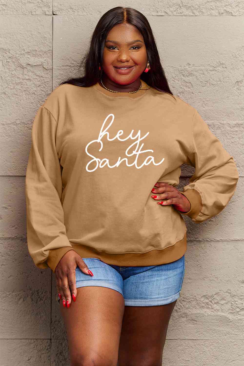 Simply Love Full Size HEY SANTA Graphic Sweatshirt - Cotton Plus Cream
