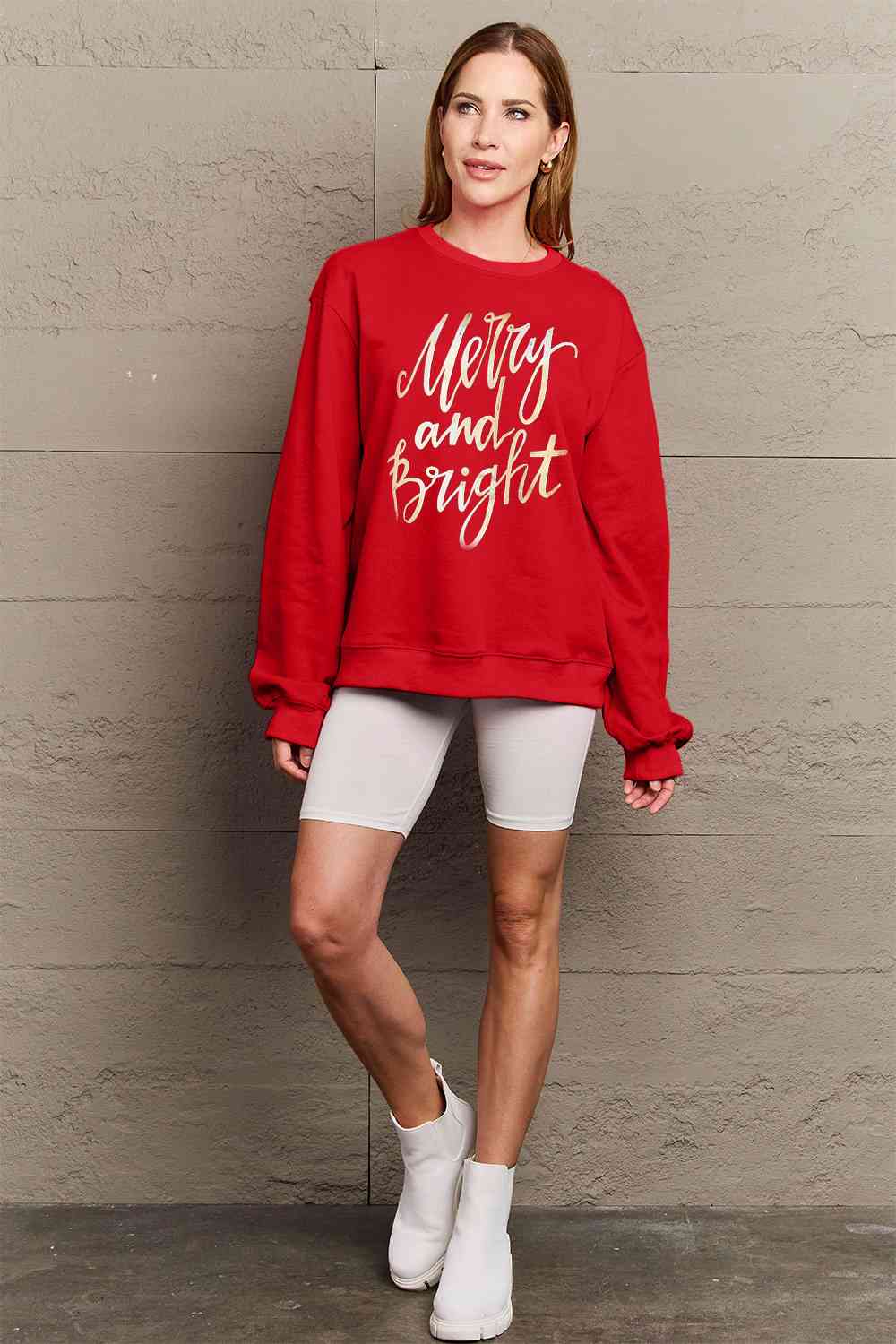 Simply Love Full Size MERRY AND BRIGHT Graphic Sweatshirt - Cotton Plus Cream
