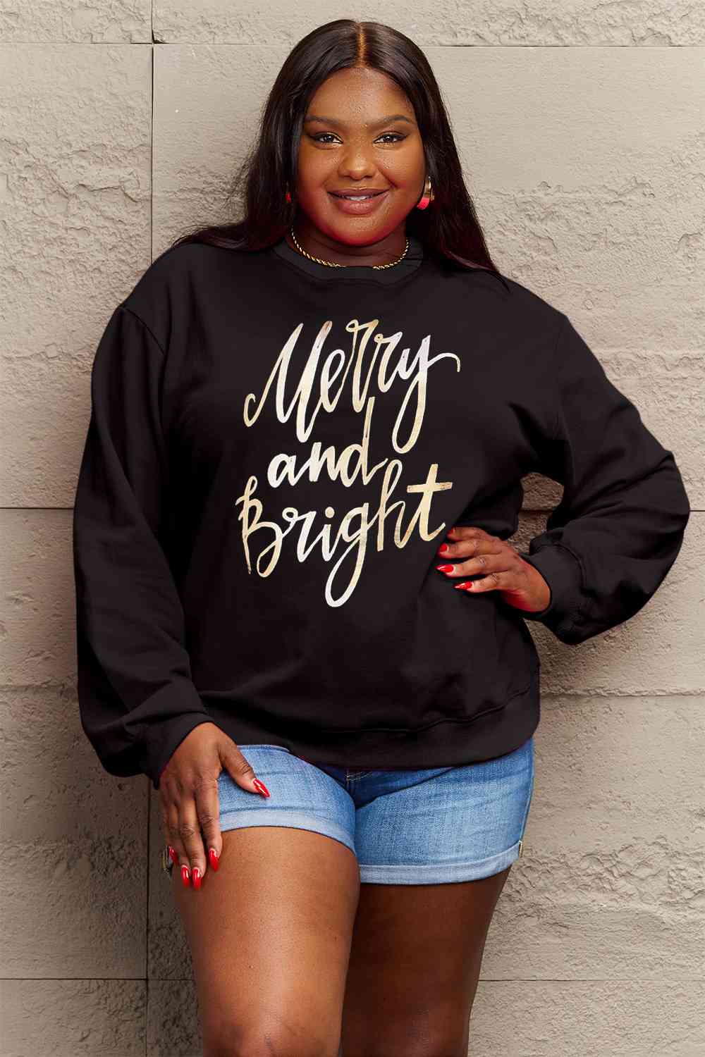 Simply Love Full Size MERRY AND BRIGHT Graphic Sweatshirt - Cotton Plus Cream