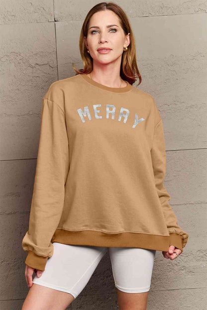 Simply Love Full Size MERRY Graphic Sweatshirt - Cotton Plus Cream