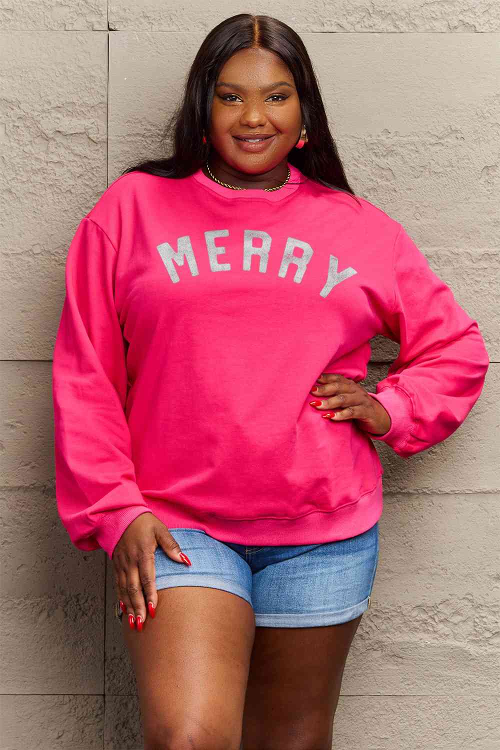 Simply Love Full Size MERRY Graphic Sweatshirt - Cotton Plus Cream