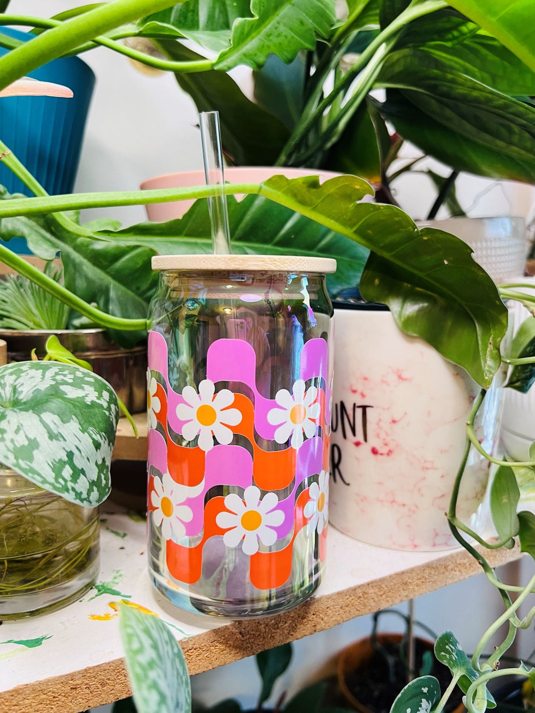 "Wavy Flowers" Glass Can Cup - Cotton Plus Cream